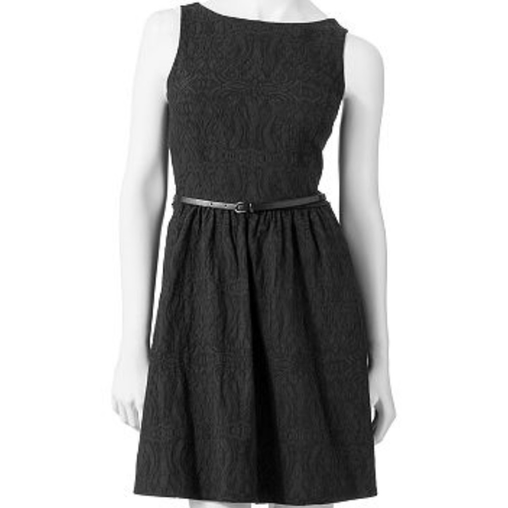 Elle Sleeveless Rounded Neckline Elastic Waistband Jacquard Fit &Flare LBD Dress